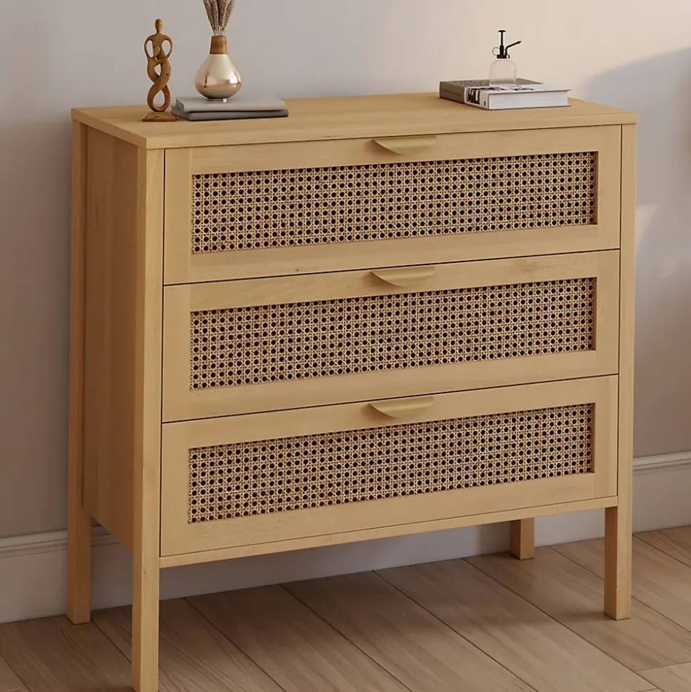 Commode 3 tiroirs EDHEN 80 cm cannage coloris bois