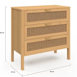 Commode 3 tiroirs EDHEN 80 cm cannage coloris bois