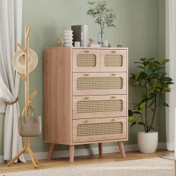 Commode 5 tiroirs en bois naturel avec façades en rotin tressé, cadre en bois massif