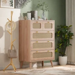 Commode 5 tiroirs en bois naturel avec façades en rotin tressé, cadre en bois massif