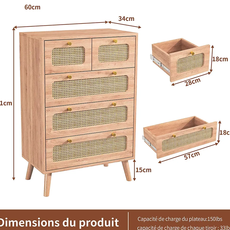 Commode 5 tiroirs en bois naturel avec façades en rotin tressé, cadre en bois massif