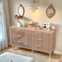Commode 6 tiroirs en bois naturel, design, grande capacité de rangement, structure robuste et stable pour chambre ou salon