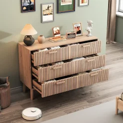 Commode 6 tiroirs en bois naturel, design, grande capacité de rangement, structure robuste et stable pour chambre ou salon