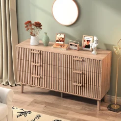 Commode 6 tiroirs en bois naturel, design, grande capacité de rangement, structure robuste et stable pour chambre ou salon