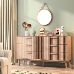 Commode 6 tiroirs en bois naturel, design, grande capacité de rangement, structure robuste et stable pour chambre ou salon
