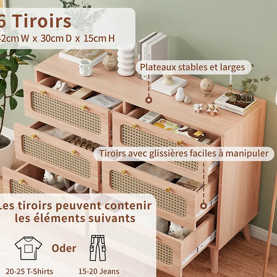 Commode 6 tiroirs en bois naturel avec façades en rotin tressé, cadre en bois massif