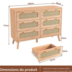 Commode 6 tiroirs en bois naturel avec façades en rotin tressé, cadre en bois massif