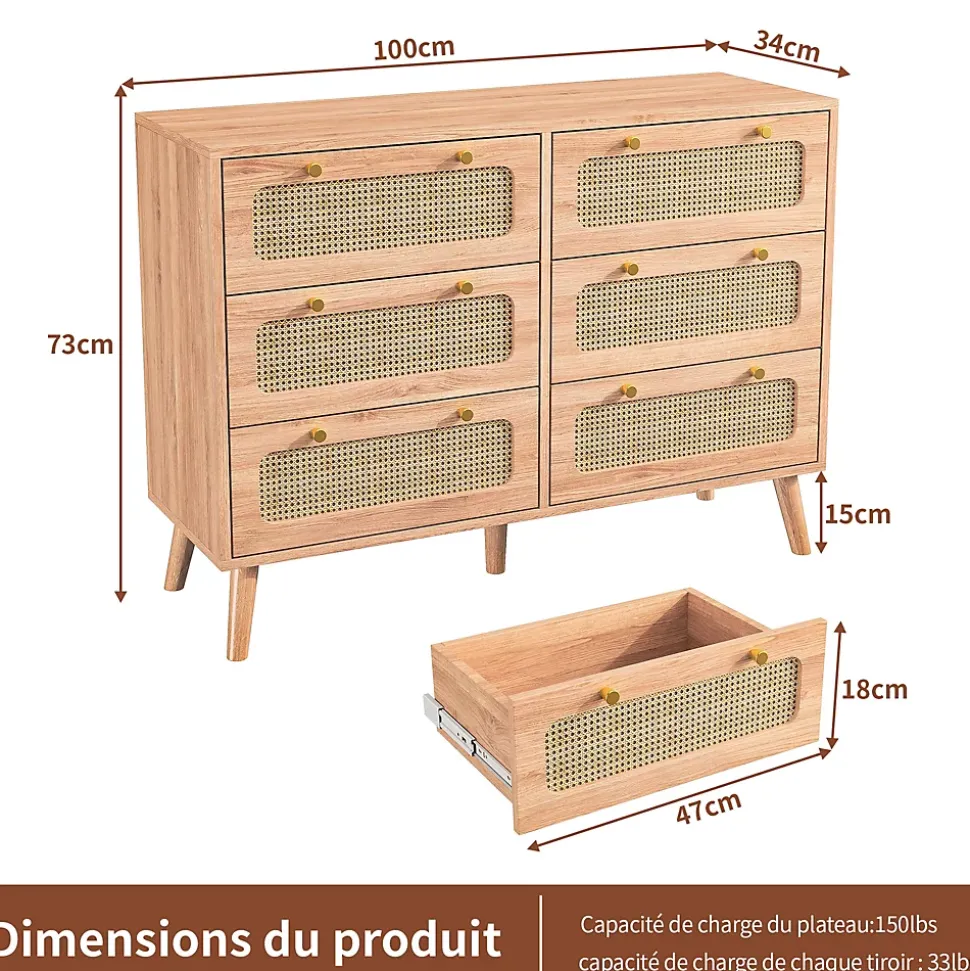 Commode 6 tiroirs en bois naturel avec façades en rotin tressé, cadre en bois massif