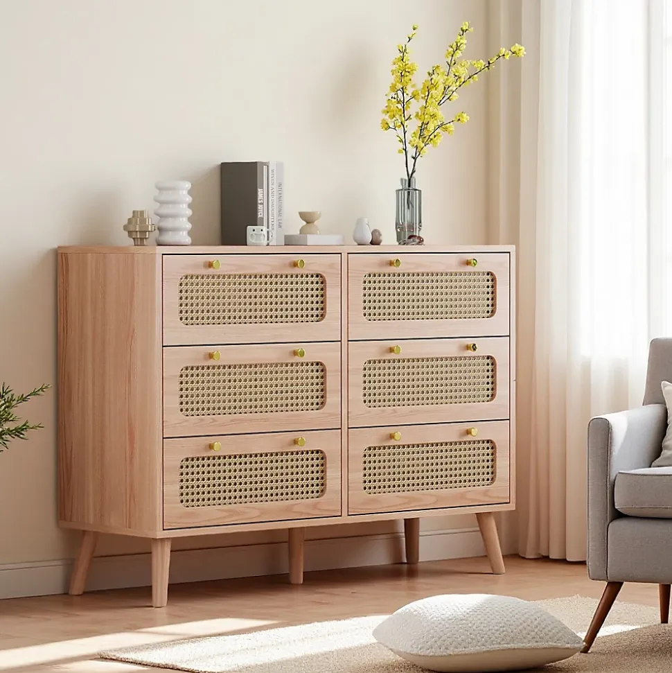 Commode 6 tiroirs en bois naturel avec façades en rotin tressé, cadre en bois massif