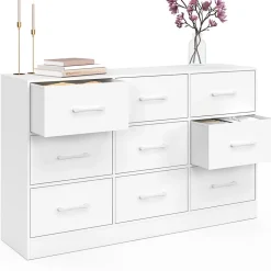 Commode 9 tiroirs en tissu UPPAH 113 cm meuble de rangement bois blanc