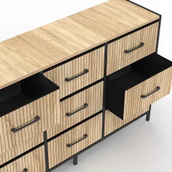 Commode 9 tiroirs en tissu UTAH 115 CM effet lattes meuble de rangement design industriel