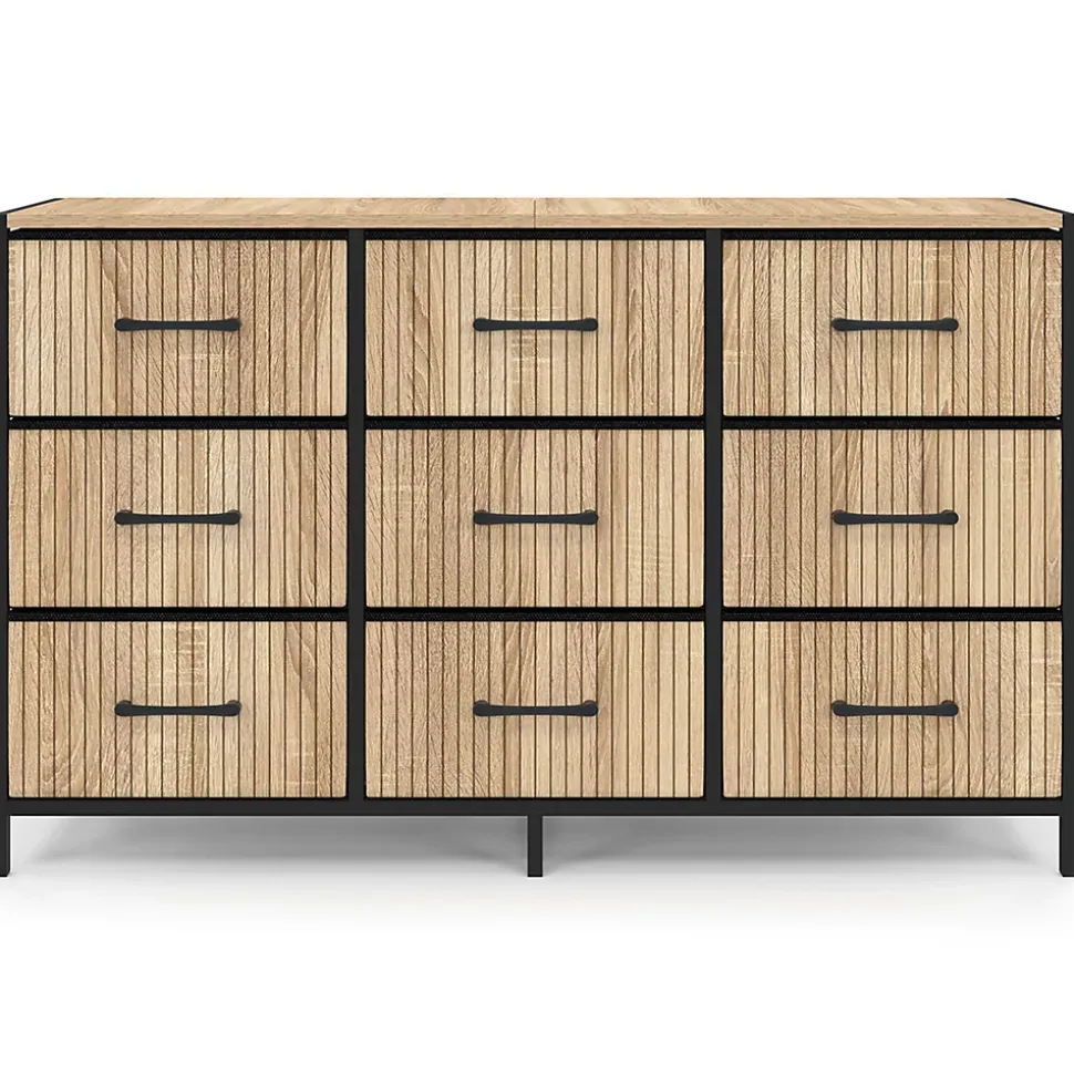 Commode 9 tiroirs en tissu UTAH 115 CM effet lattes meuble de rangement design industriel