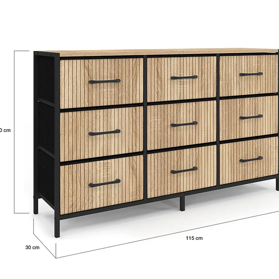 Commode 9 tiroirs en tissu UTAH 115 CM effet lattes meuble de rangement design industriel