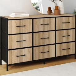 Commode 9 tiroirs en tissu UTAH 115 CM effet lattes meuble de rangement design industriel
