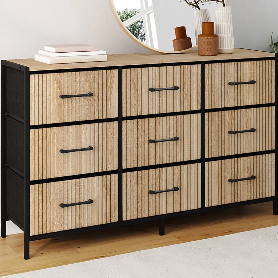 Commode 9 tiroirs en tissu UTAH 115 CM effet lattes meuble de rangement design industriel