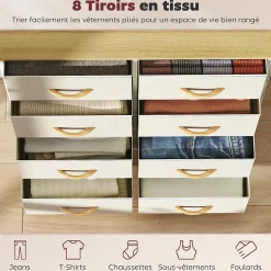Commode 8 tiroirs en tissu beige 4 poches 2 crochets acier blanc effet bois
