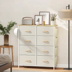 Commode 8 tiroirs en tissu beige 4 poches 2 crochets acier blanc effet bois