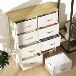 Commode 8 tiroirs en tissu beige 4 poches 2 crochets acier blanc effet bois