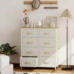 Commode 8 tiroirs en tissu beige 4 poches 2 crochets acier blanc effet bois