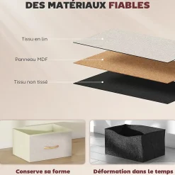Commode 8 tiroirs en tissu beige 4 poches 2 crochets acier blanc effet bois