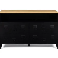 Commode 4 tiroirs ESTER 115 cm métal noir et plateau façon hêtre avec niche design industriel
