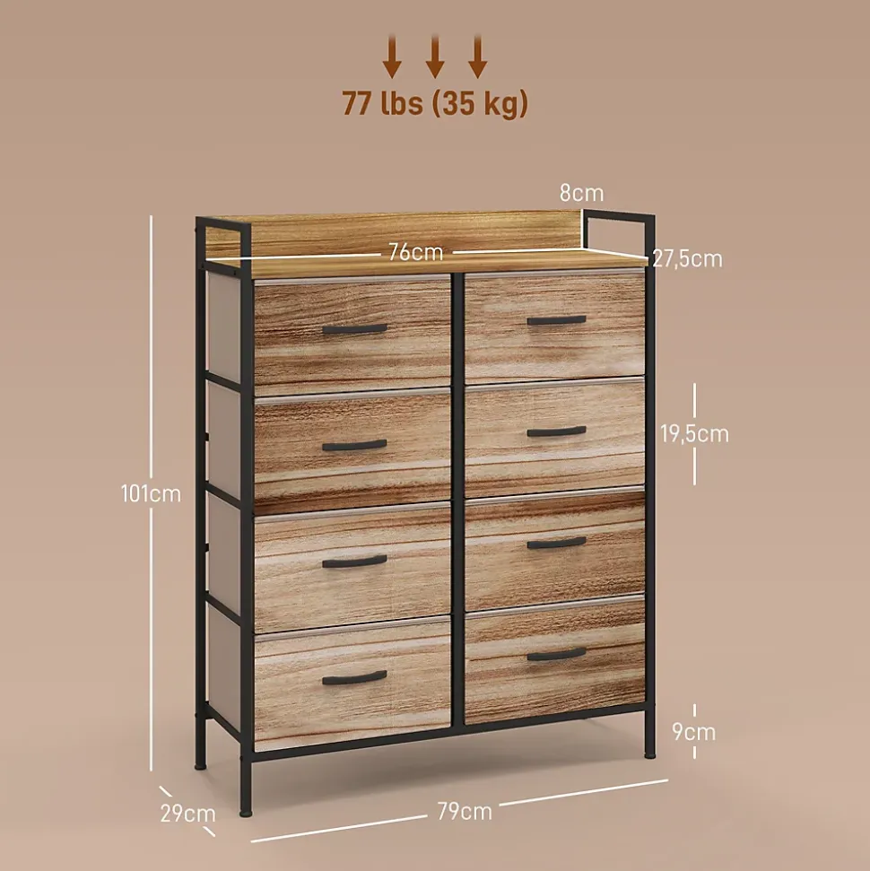 Commode 8 tiroirs et étagère - dim. 79L x 29l x 101H cm - châssis piètement métal noir tiroirs non tissés façades aspect bois
