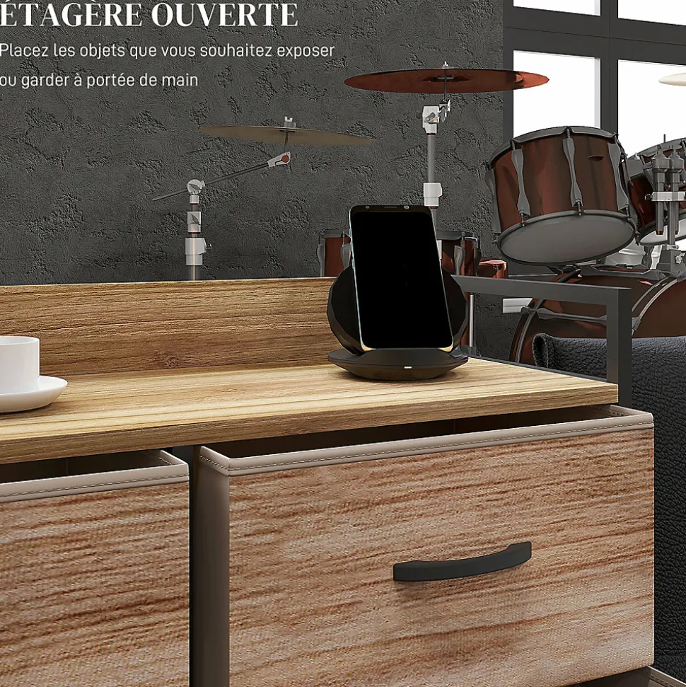 Commode 8 tiroirs et étagère - dim. 79L x 29l x 101H cm - châssis piètement métal noir tiroirs non tissés façades aspect bois