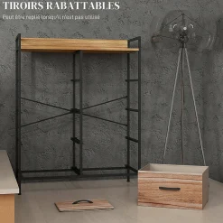 Commode 8 tiroirs et étagère - dim. 79L x 29l x 101H cm - châssis piètement métal noir tiroirs non tissés façades aspect bois