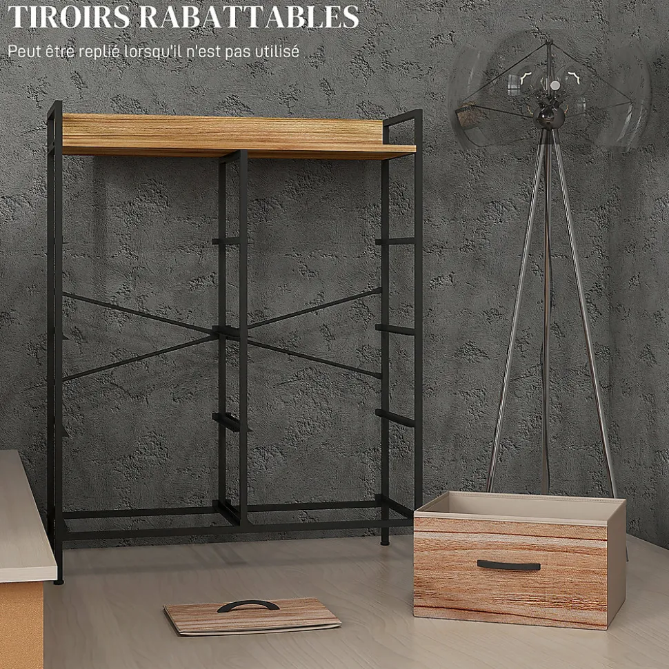 Commode 8 tiroirs et étagère - dim. 79L x 29l x 101H cm - châssis piètement métal noir tiroirs non tissés façades aspect bois