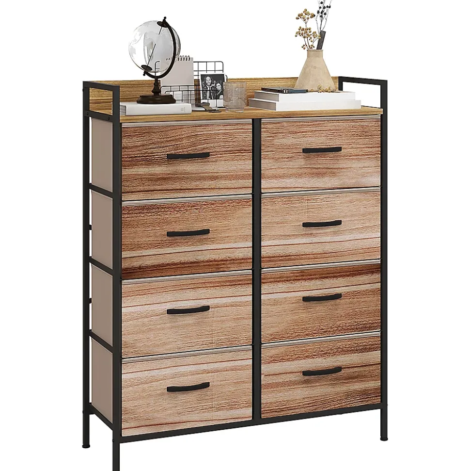 Commode 8 tiroirs et étagère - dim. 79L x 29l x 101H cm - châssis piètement métal noir tiroirs non tissés façades aspect bois