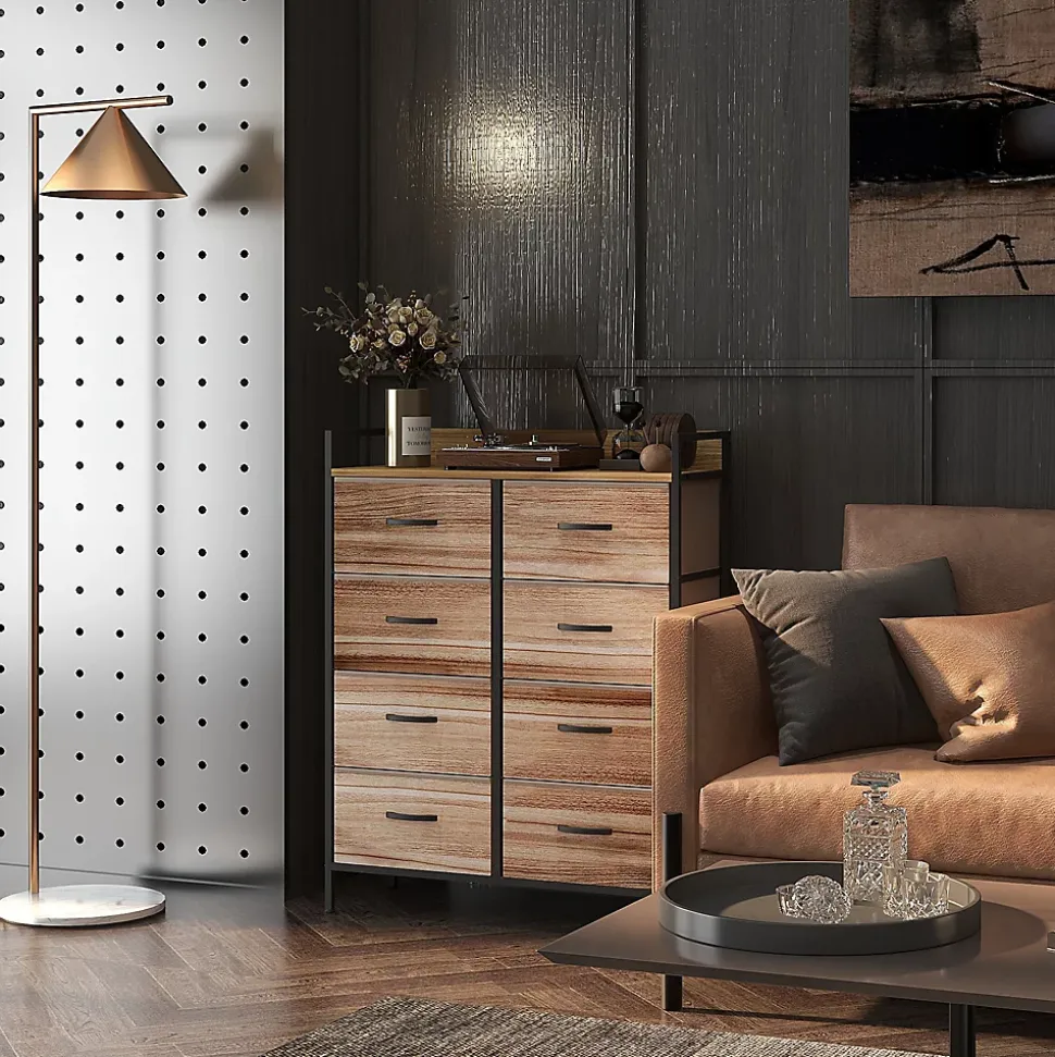 Commode 8 tiroirs et étagère - dim. 79L x 29l x 101H cm - châssis piètement métal noir tiroirs non tissés façades aspect bois