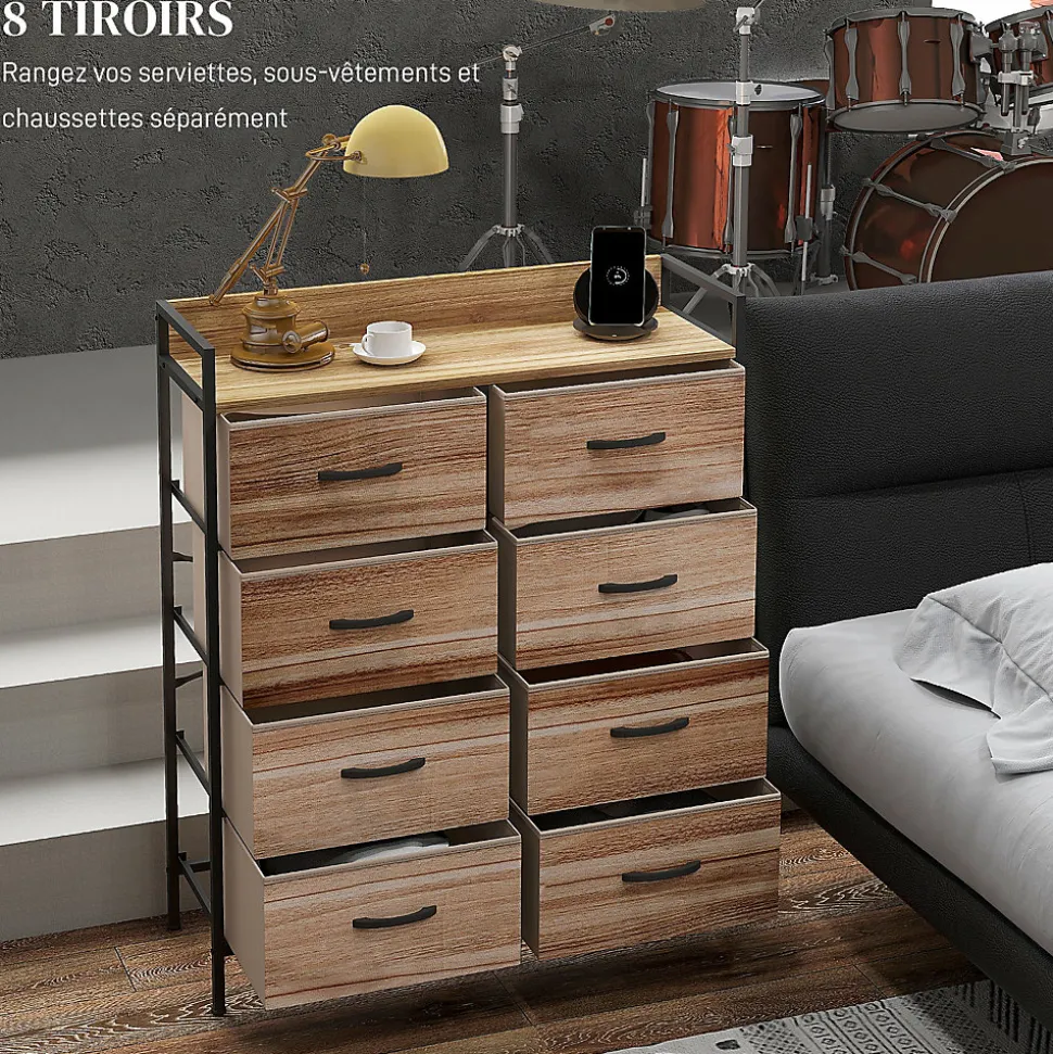 Commode 8 tiroirs et étagère - dim. 79L x 29l x 101H cm - châssis piètement métal noir tiroirs non tissés façades aspect bois