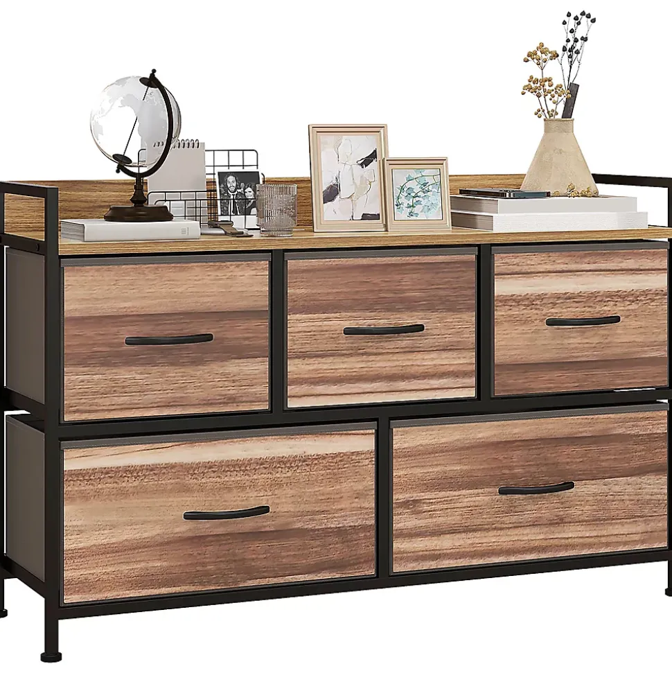 Commode 5 tiroirs et étagère - dim. 98L x 29l x 63H cm - châssis piètement métal noir tiroirs non tissés façades aspect bois