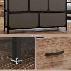 Commode 5 tiroirs et étagère - dim. 98L x 29l x 63H cm - châssis piètement métal noir tiroirs non tissés façades aspect bois
