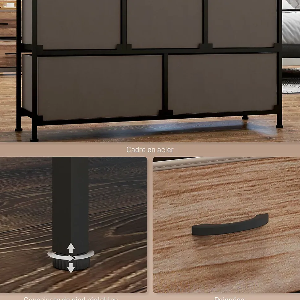 Commode 5 tiroirs et étagère - dim. 98L x 29l x 63H cm - châssis piètement métal noir tiroirs non tissés façades aspect bois