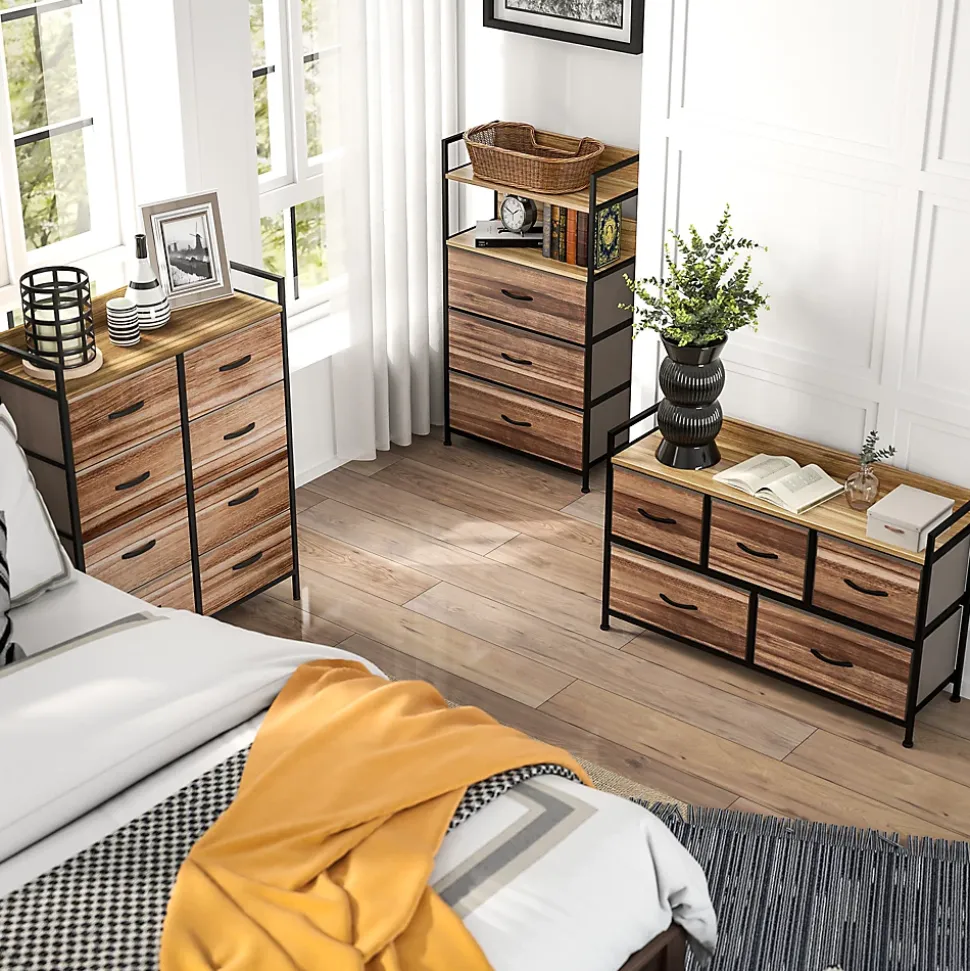 Commode 5 tiroirs et étagère - dim. 98L x 29l x 63H cm - châssis piètement métal noir tiroirs non tissés façades aspect bois