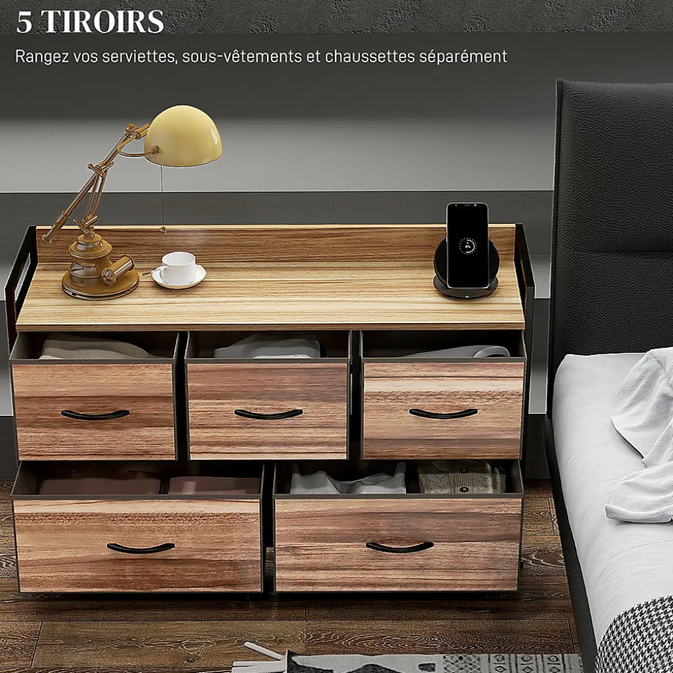 Commode 5 tiroirs et étagère - dim. 98L x 29l x 63H cm - châssis piètement métal noir tiroirs non tissés façades aspect bois