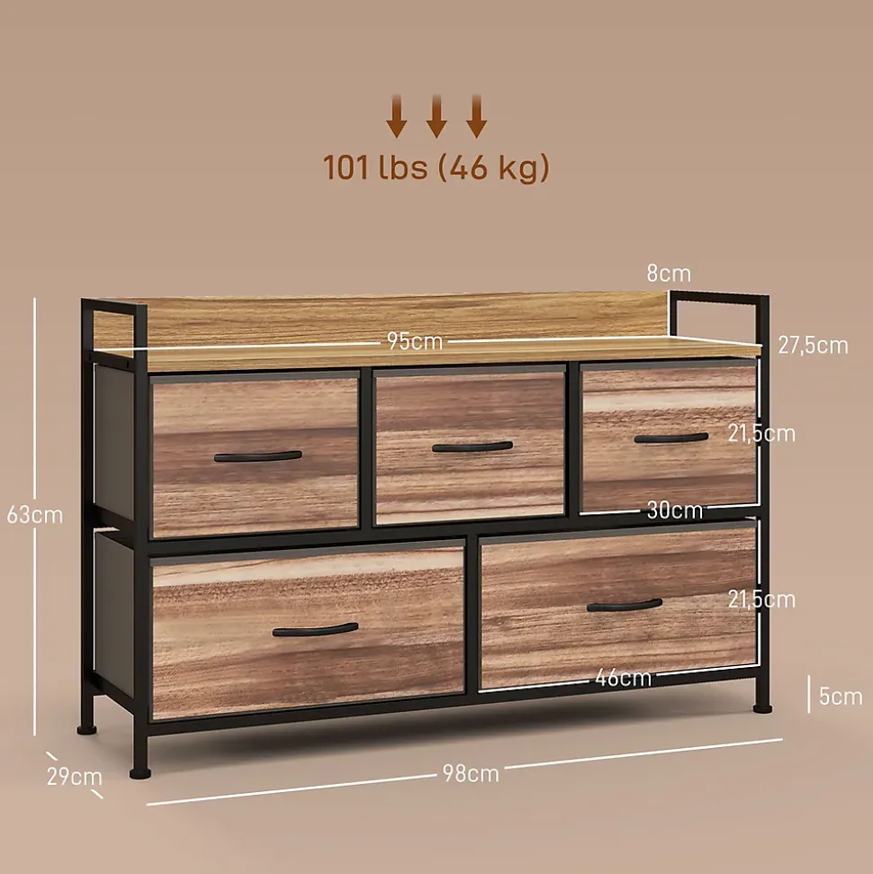 Commode 5 tiroirs et étagère - dim. 98L x 29l x 63H cm - châssis piètement métal noir tiroirs non tissés façades aspect bois