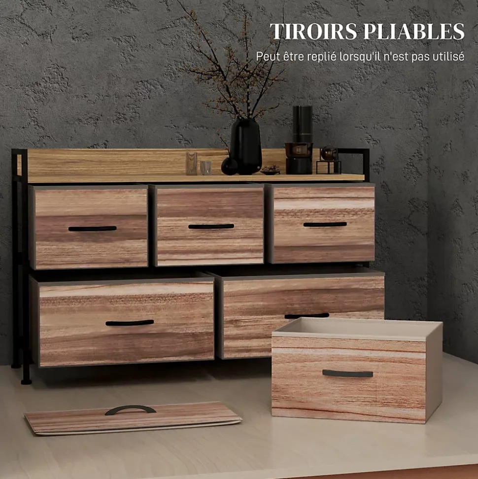 Commode 5 tiroirs et étagère - dim. 98L x 29l x 63H cm - châssis piètement métal noir tiroirs non tissés façades aspect bois