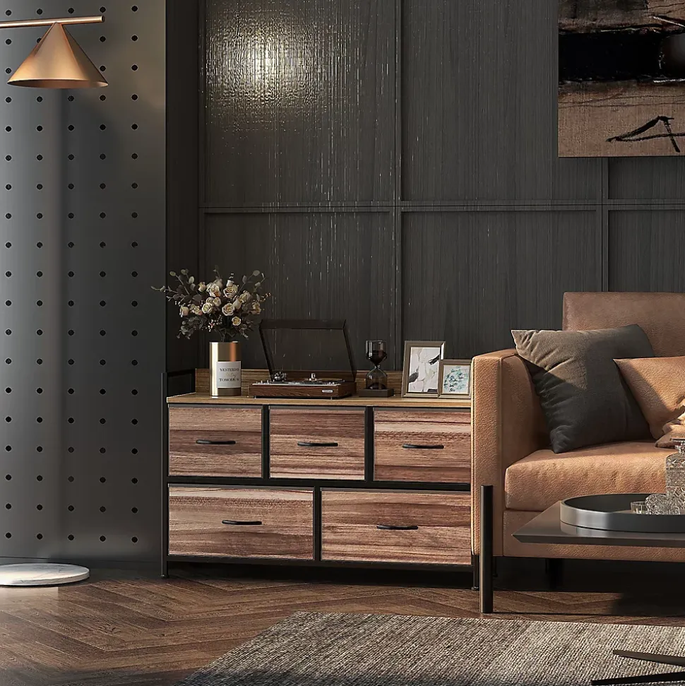 Commode 5 tiroirs et étagère - dim. 98L x 29l x 63H cm - châssis piètement métal noir tiroirs non tissés façades aspect bois