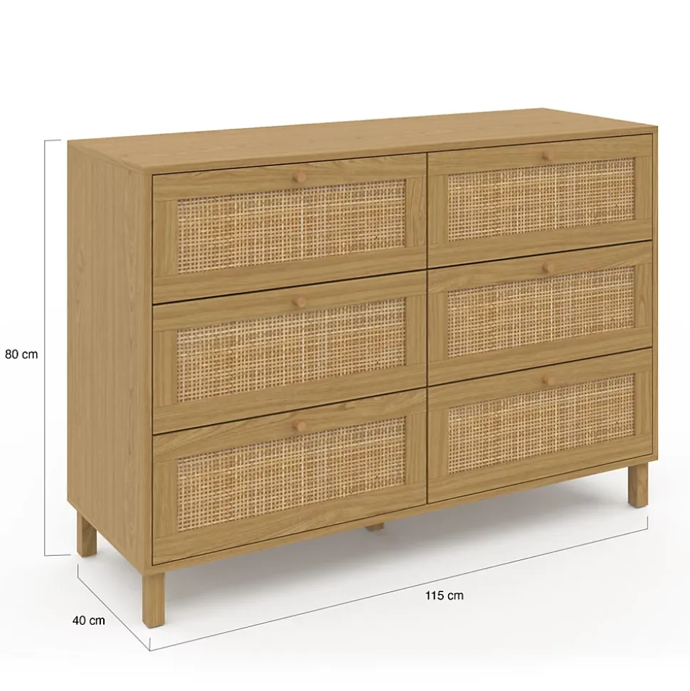Commode 6 tiroirs HANAE 115 cm effet naturel cannage