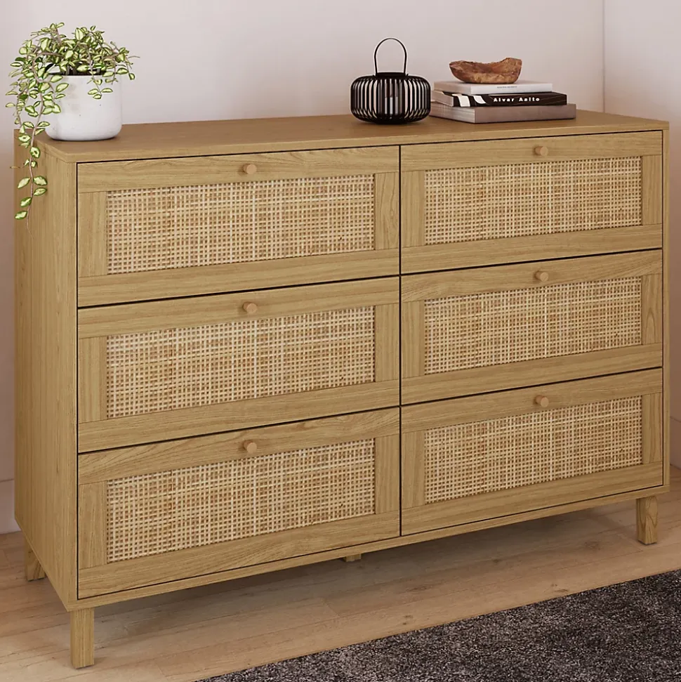 Commode 6 tiroirs HANAE 115 cm effet naturel cannage