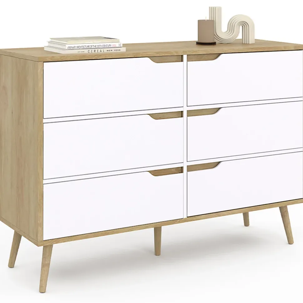 Commode 6 tiroirs HELSINKI 115 cm scandinave bois et blanc