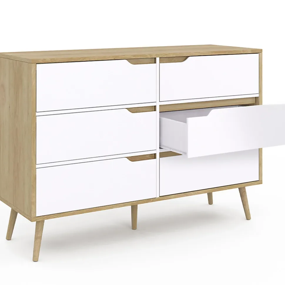 Commode 6 tiroirs HELSINKI 115 cm scandinave bois et blanc
