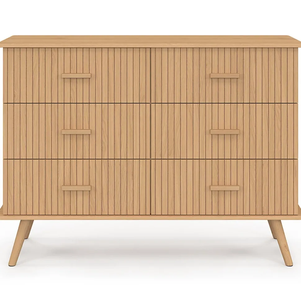 Commode 6 tiroirs JULIETTE 110 cm effet lattes tasseau bois coloris chêne