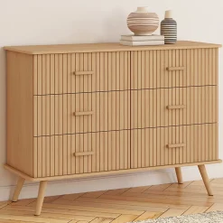 Commode 6 tiroirs JULIETTE 110 cm effet lattes tasseau bois coloris chêne