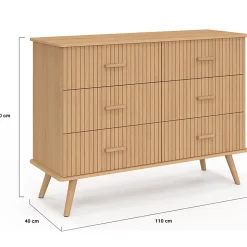 Commode 6 tiroirs JULIETTE 110 cm effet lattes tasseau bois coloris chêne