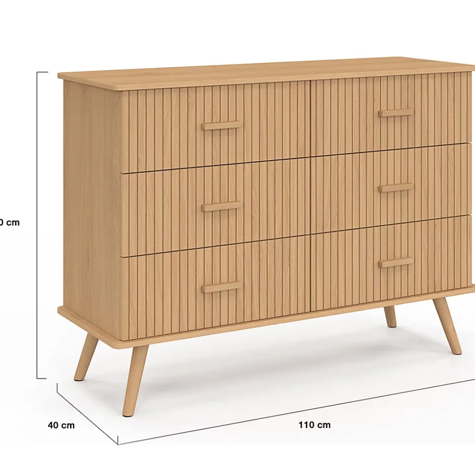 Commode 6 tiroirs JULIETTE 110 cm effet lattes tasseau bois coloris chêne