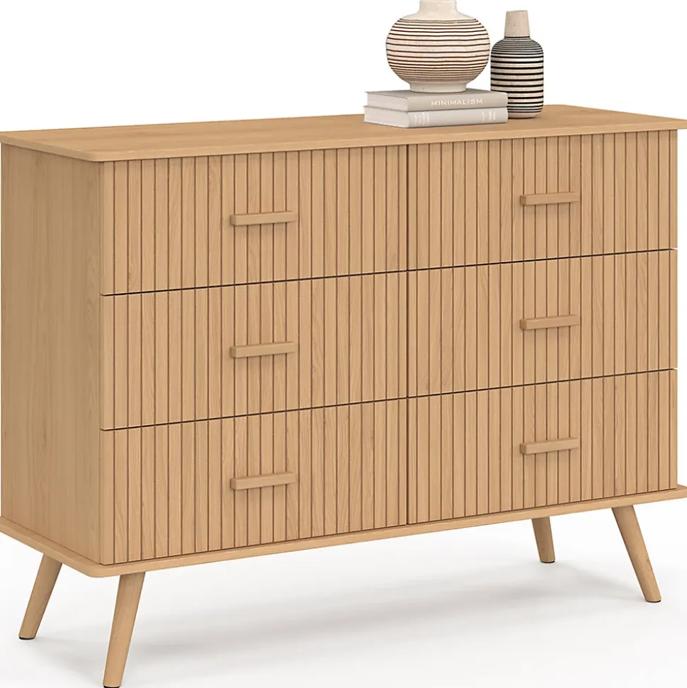 Commode 6 tiroirs JULIETTE 110 cm effet lattes tasseau bois coloris chêne