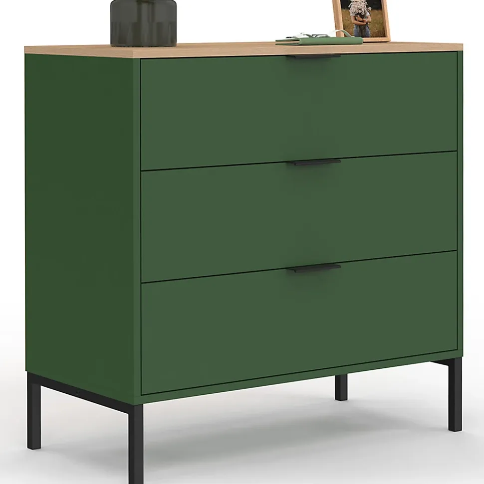 Commode 3 tiroirs KELIA 80 cm vert kaki et plateau bois